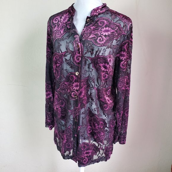 Vintage Women Size Med Petite Purple Velvet Floral Semi Sheer Long Sleeve Blouse - Picture 13 of 13